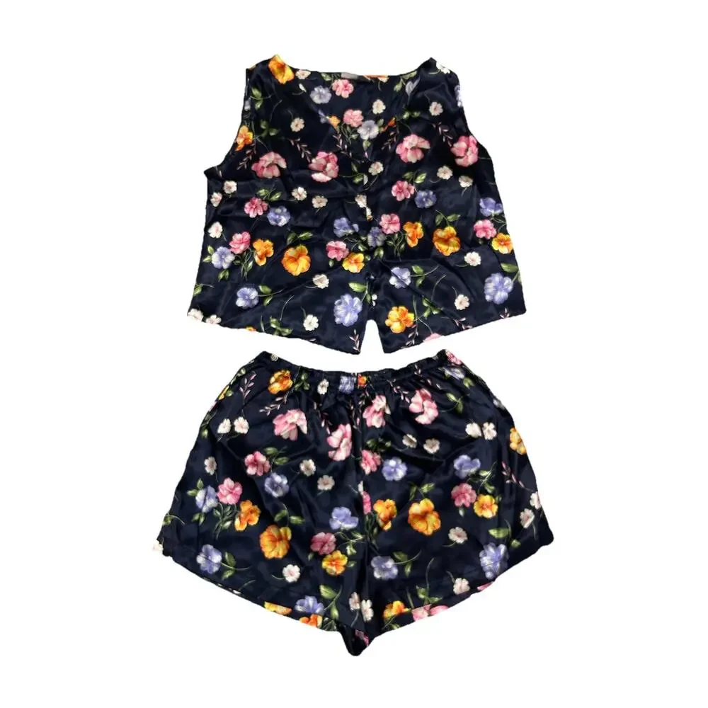 VTG Honors Intimates XL Pajama SET Top Sleep Shorts Silky Satin Navy Floral E25